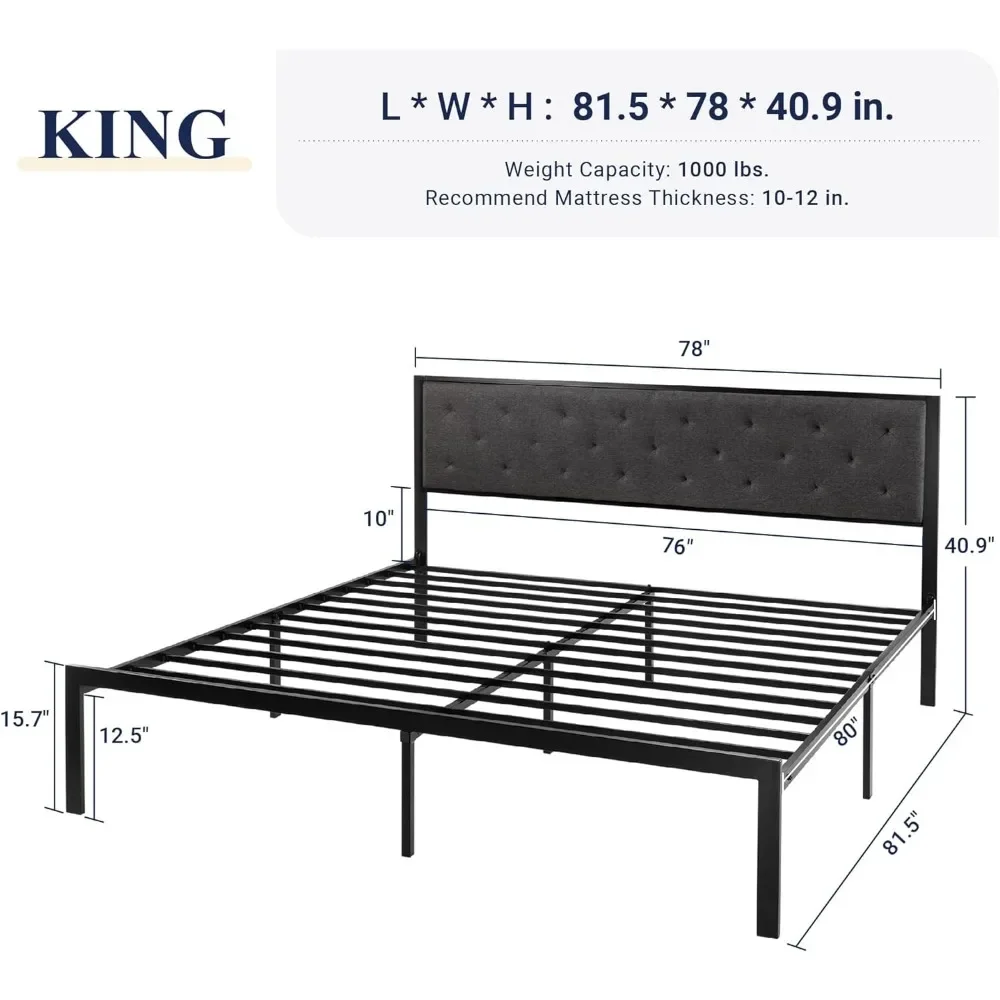 King Bed Frame with Upholstered Headboard, Chic Diamond Stitched Tufted Design, No Box Spring Needed, Dark Gray