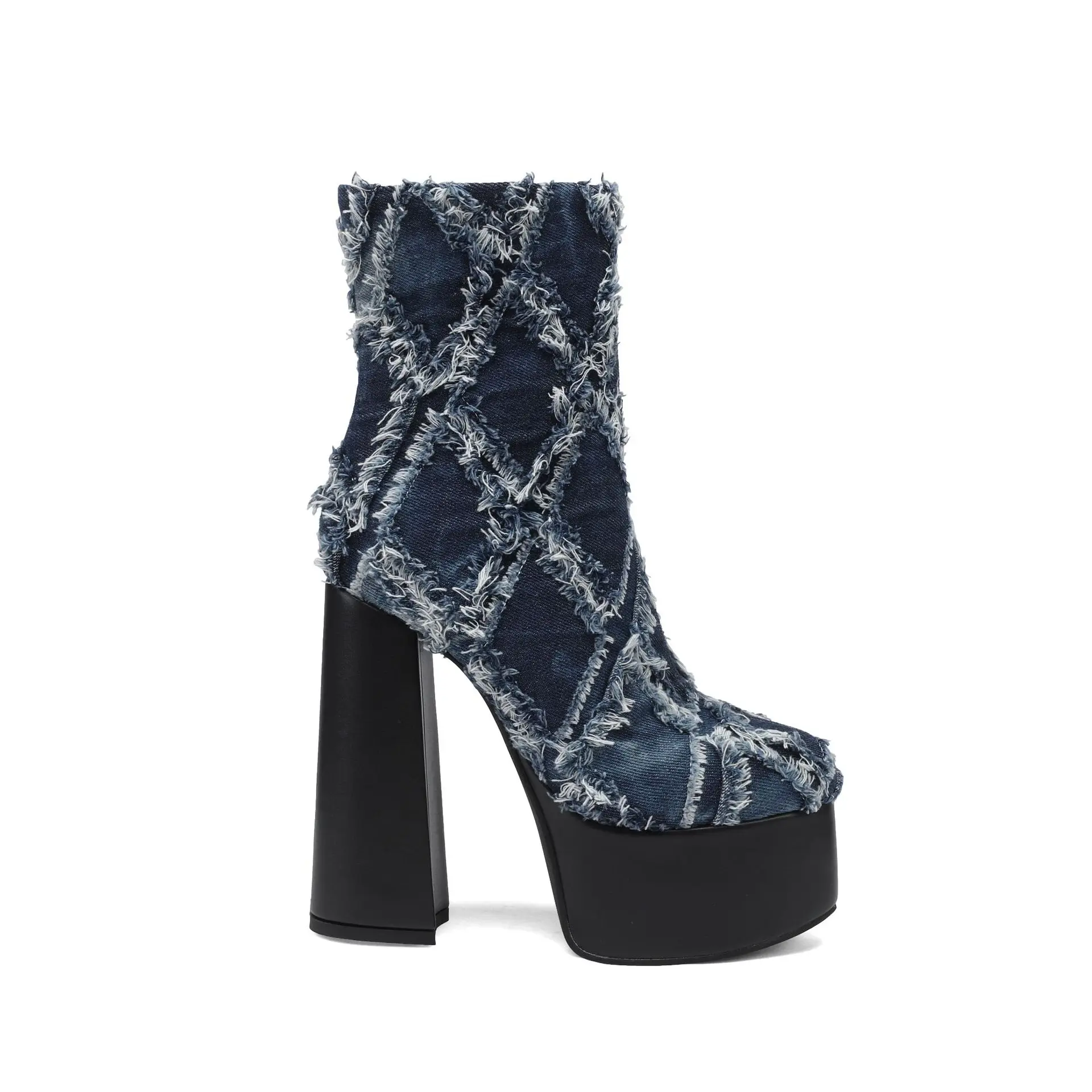 

Denim Tassel Round Toe Thick Heeled Ankle Boots Platform Fashionable Large Size Short Botines Side Zipper Women Botas Femininas