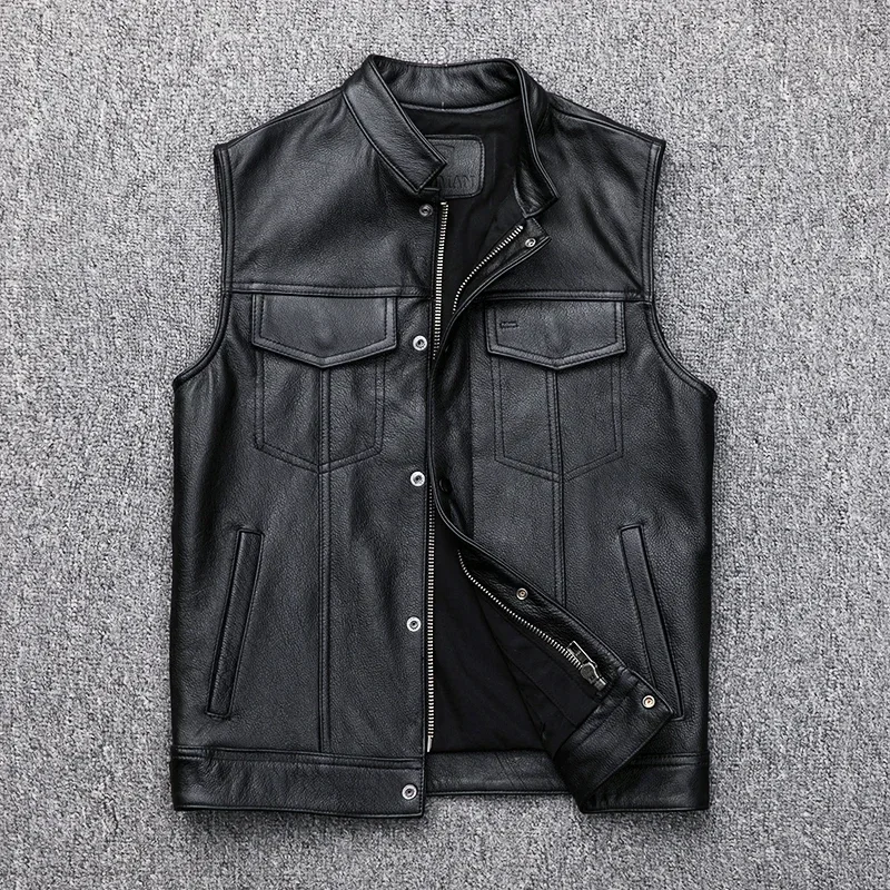 Men Genuine Top-Grade Cowhide Leather Vest Sleeveless Biker Jacket Sons of Anarchy Punk Rock Motorcycle Waistcoat Cosplay Fashio