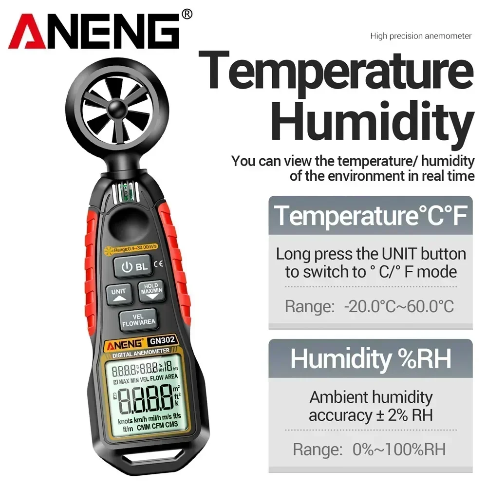 0.4~30m/s Wind Speed Meter Air Velocity Airflow Humidity -20°C ~ 60°C Temperature Test ANENG GN302 Handheld Digital Anemometer