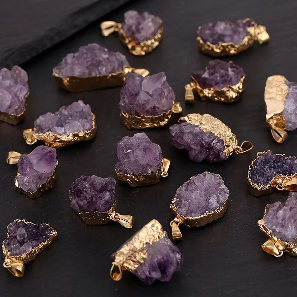 Natural Raw Uruguay Amethyst Healing Crystals Stone Pendant Irregular Mini Cluster Golden Edge Druzy Necklace for Women Jewelry
