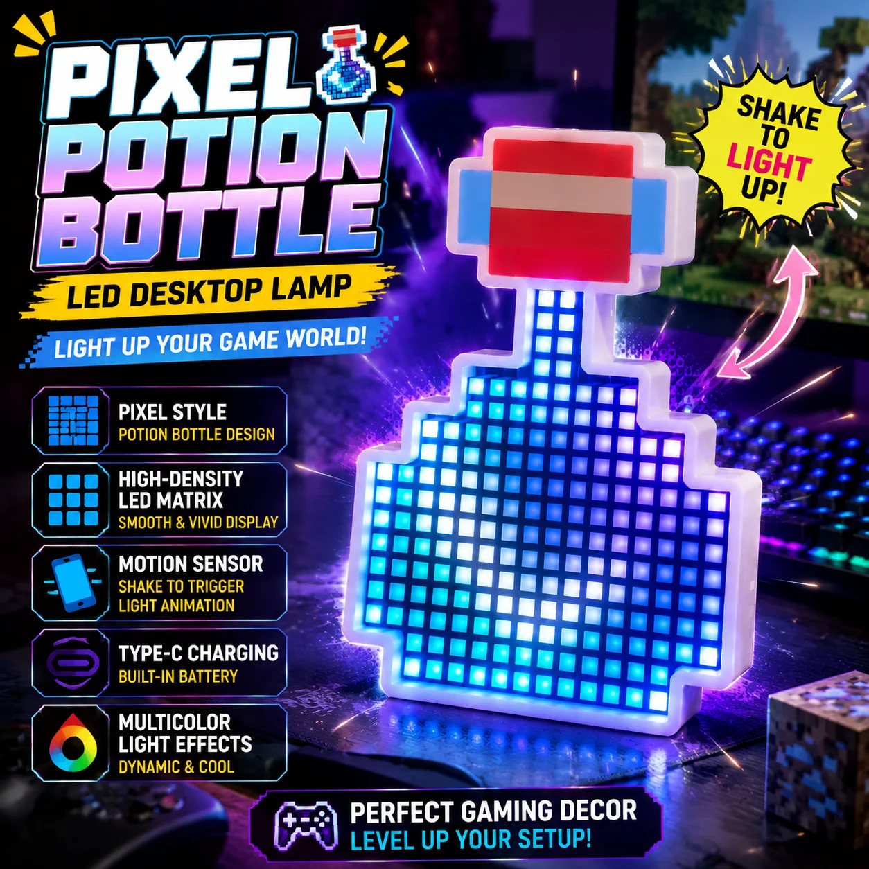 

Interactive Pixel Potion Bottle LED Lamp High Brightness LED Matrix Shake Trigger Animation Rechargeable Game Themed Night Light