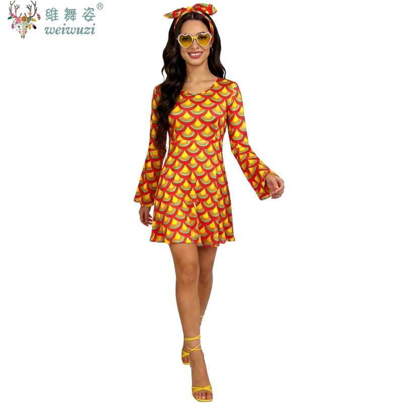 

Halloween Costume 70s Outfits Adult Women Hippie Clothes Disco Dancing Dress Bohemian Rhapsody Free Unrestrained Romantic Pretty