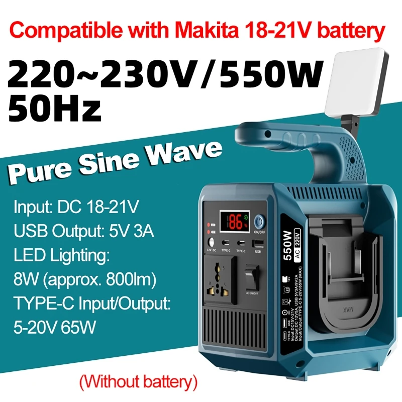 550W Portable Pure Sine Wave Power Inverter with LED Light, USB Type-C DC Port Power Inverter DC18-21V to AC220V Power Inverter
