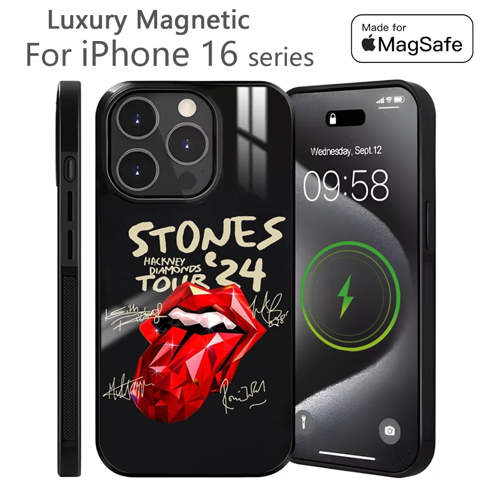 

Band R-RollingS S-Stones Phone Case For iPhone 16 15 14 13 12 11 Pro Max Plus Mini Magnetic Magsafe Wireless Charging Cover