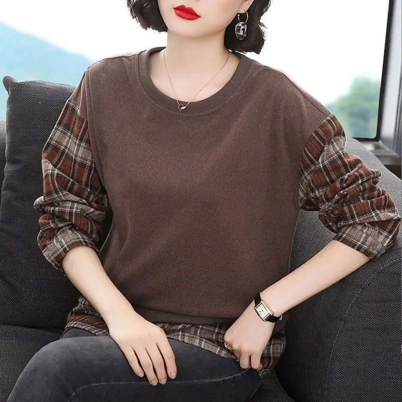 

Fashion O-Neck Spliced Lattice Fake Two Pieces Blouse Women's Clothing 2023 Spring New Oversized Casual Pullovers Korean Shirt