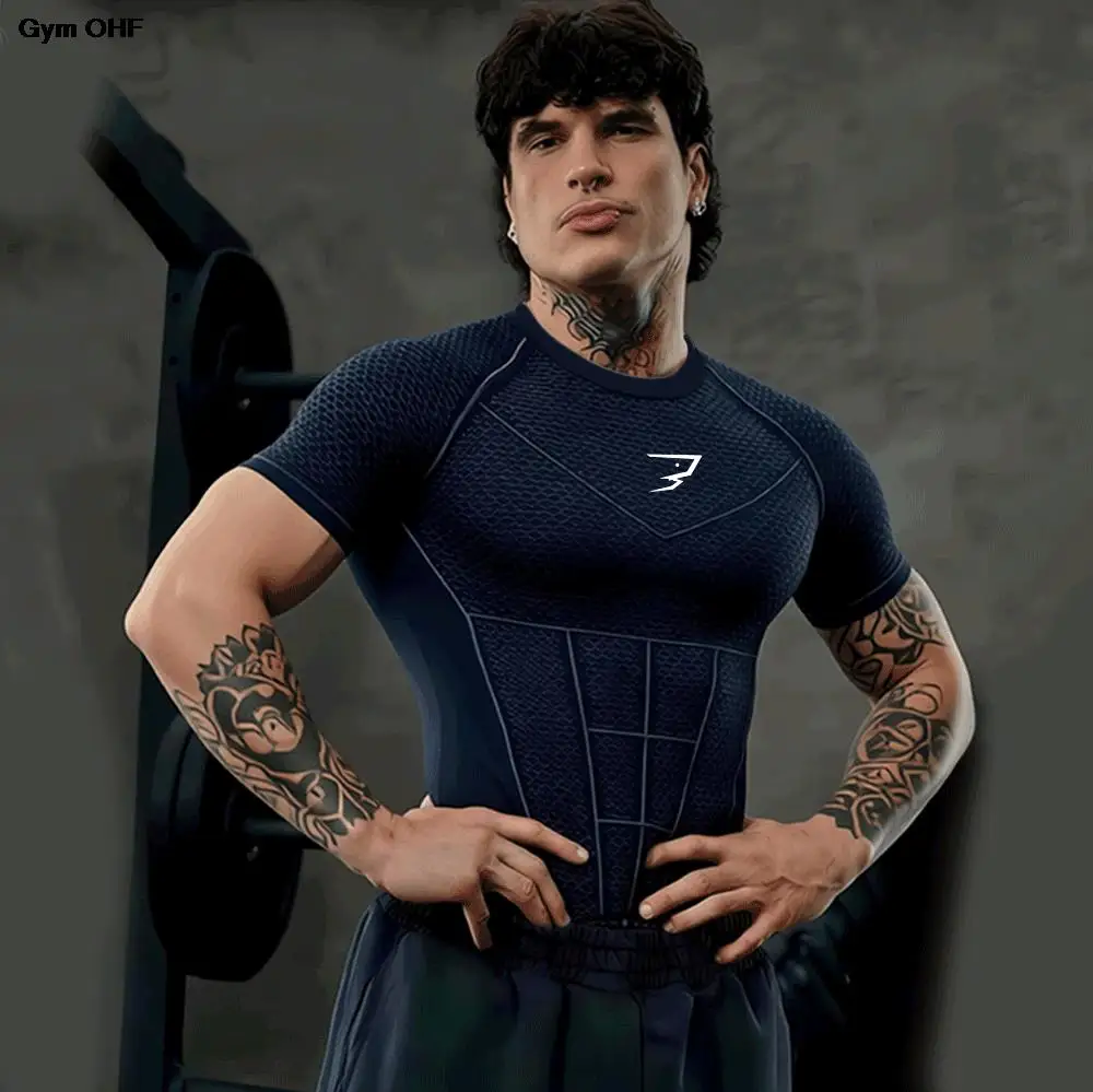 Compression Shirt Men Gym Running T-shirt New Men's Quick-Dry Top Breathable Elastic Fitness T-shirt Short Sleeve Summer Print view 3