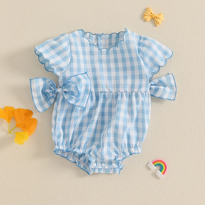 طفل رضيع الفتيات رومبير قصيرة الأكمام طاقم الرقبة منقوشة القوس الرضع ارتداءها الصيف الوليد الملابس 0-18 أشهر