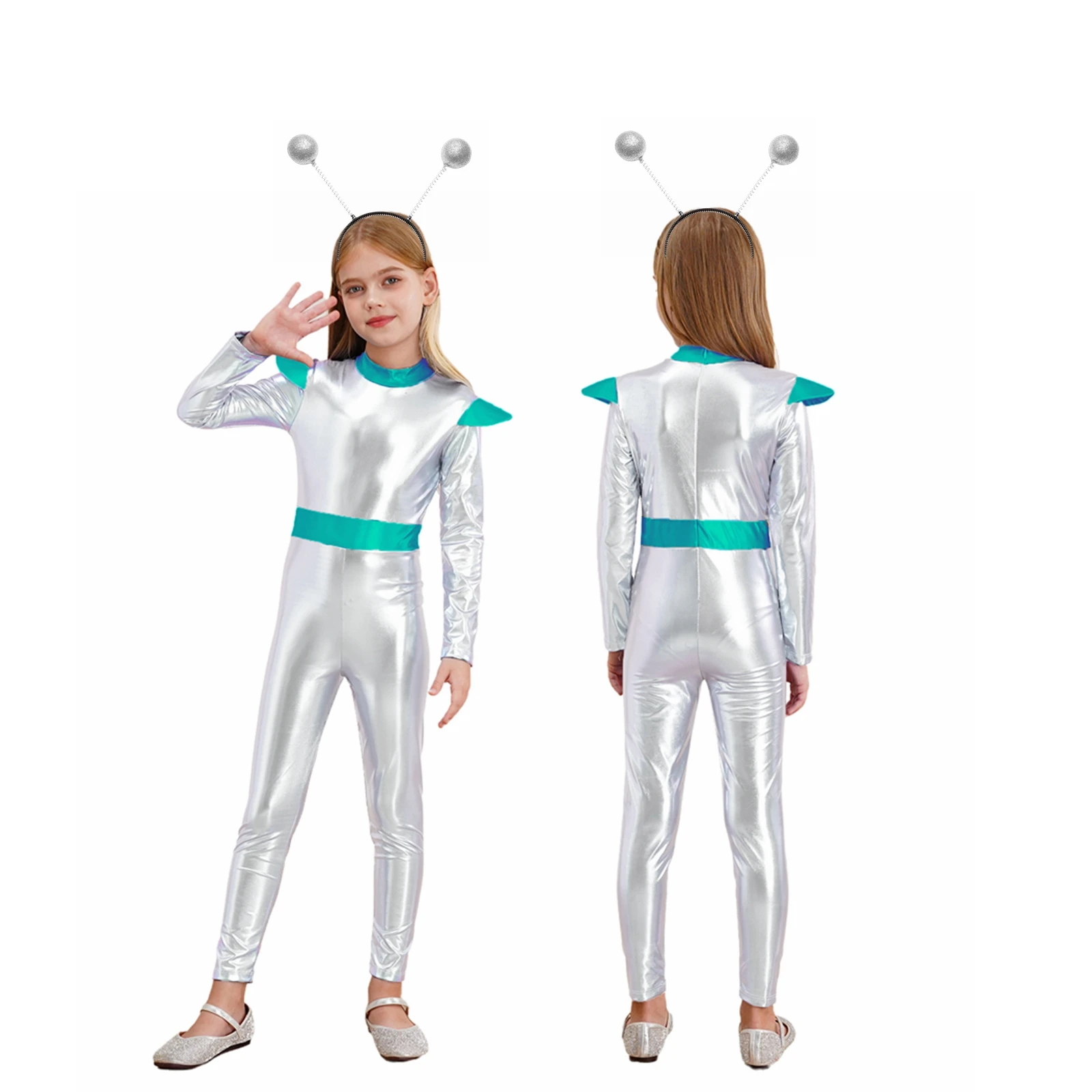 Kinder Alien Outerspace Future Robot Cosplay Kostüm Glänzendes metallisches Zentai-Overall in voller Länge Astronaut Tech Theme Party-Outfit