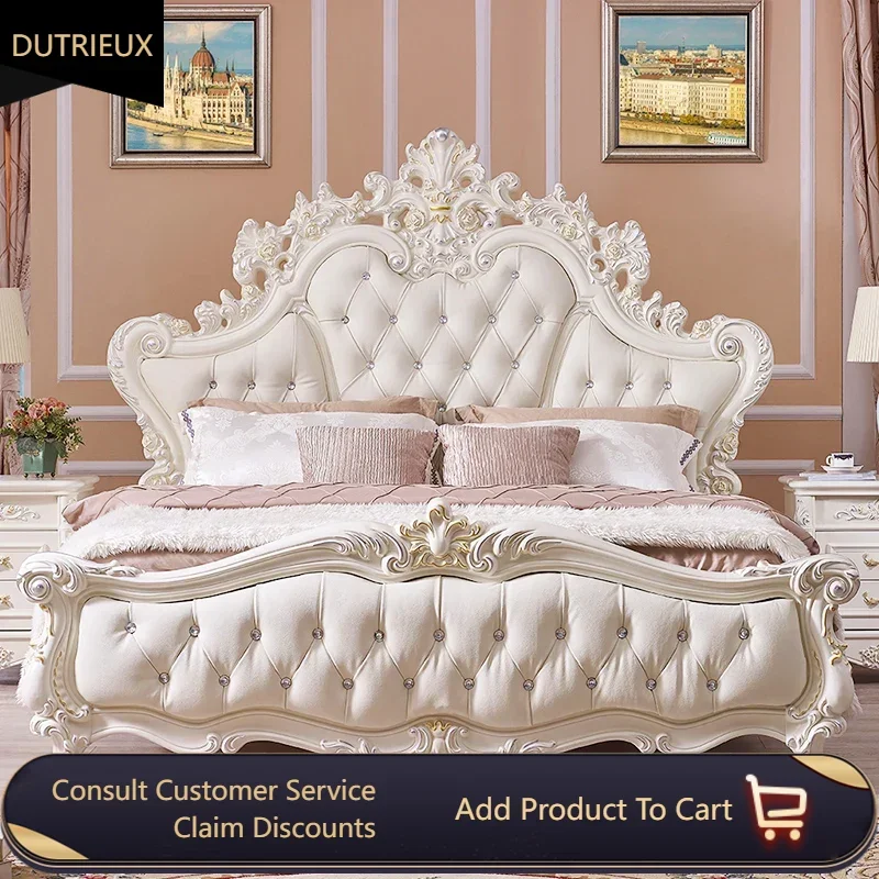 

Carved French Style Double Bed European Style Leather Princess Luxury Queen Bed Comforter Modern Cama Box Casal Furniture Home
