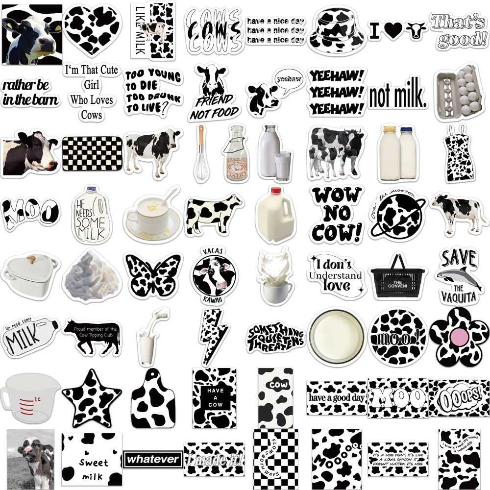 65pcs Cartoon Ins Style Black And White Cow Milk Stickers For Skateboard Motorcycle Car Scrapbooking Laptop Suitcase Toys