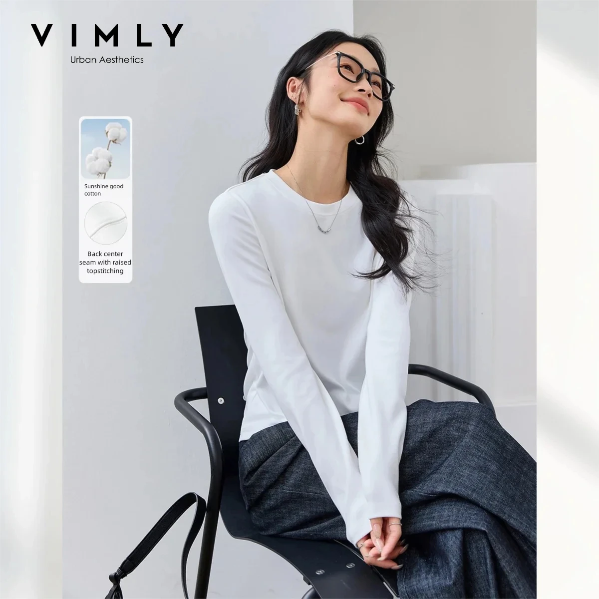 VIMLY Women's White T-shirt 2026 Fall Back Center Stitching Detail Long Sleeve T-shirt Crew Neck Loose-fit Base Top Female A0367