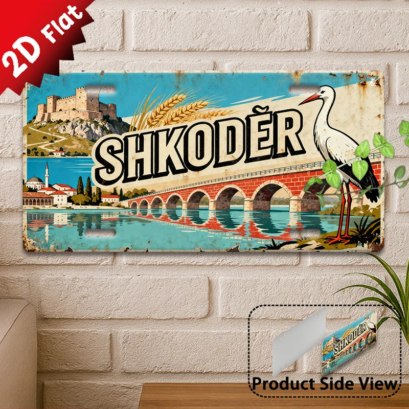 2D Flat,1pc, Vintage Metal  Sign, Outdoor Wall Art, Shkoder River View Aluminum Sign, Perfect for Garage Wall Decor, Man Cave