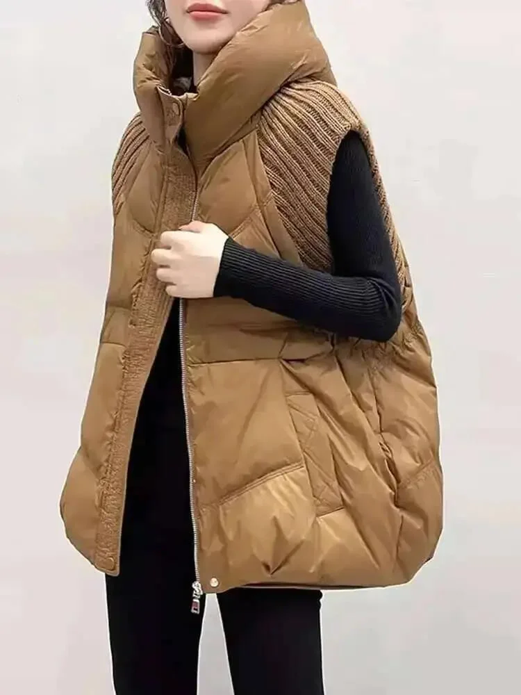 

Versatile Dowm Winter Vest For Women Hooded Knitted Sleeveless Spliced Solid Color Coat Casual 2024 New Clothing 83UG