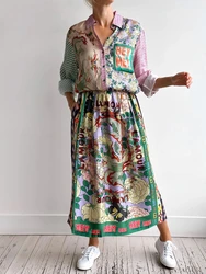 2024 Autumn Fashion New Women's Elegant Printed Dress Set with Collar Graffiti Shirt Long Satin Half Skirt Two Piece Set