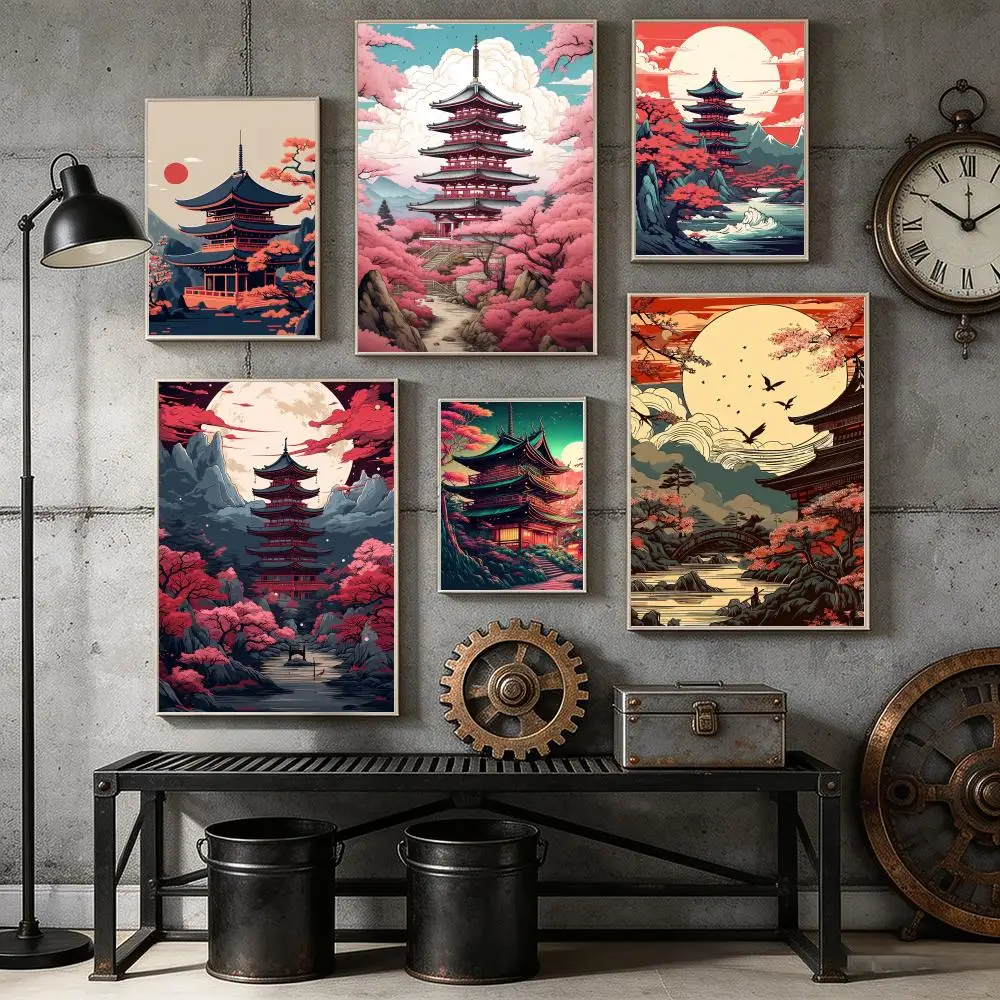 

Japanese Architecture Aesthetic Poster Home Bar Wall Art Sticker Waterproof Self-Adhesive Mural for Living Room Bedroom Decor