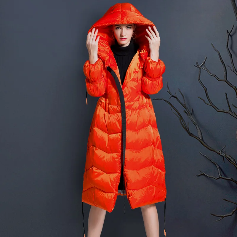 Hochwertige Luxus-Design-lange Daunenjacke mit Gürtel für Damen, Winter, warm, mit Kapuze, Trenchcoat, winddicht, Schneejacke, schmaler Daunenmantel