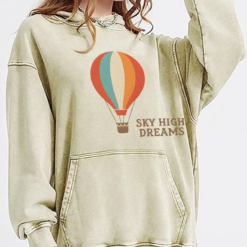 

Sky High Dreams RetroCasual Washed Hoodie Casual Sweatshirt Graphic Fashionable 100% Cotton Comfortable Soft Breathable Cartoon