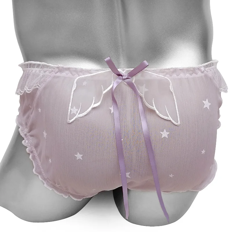 Sexy Men's Sissy Panties Sheer Mesh Ruffled Briefs Femboy Crossdresser Lingerie Angel Wings Bow Star Print Cosplay Underwear