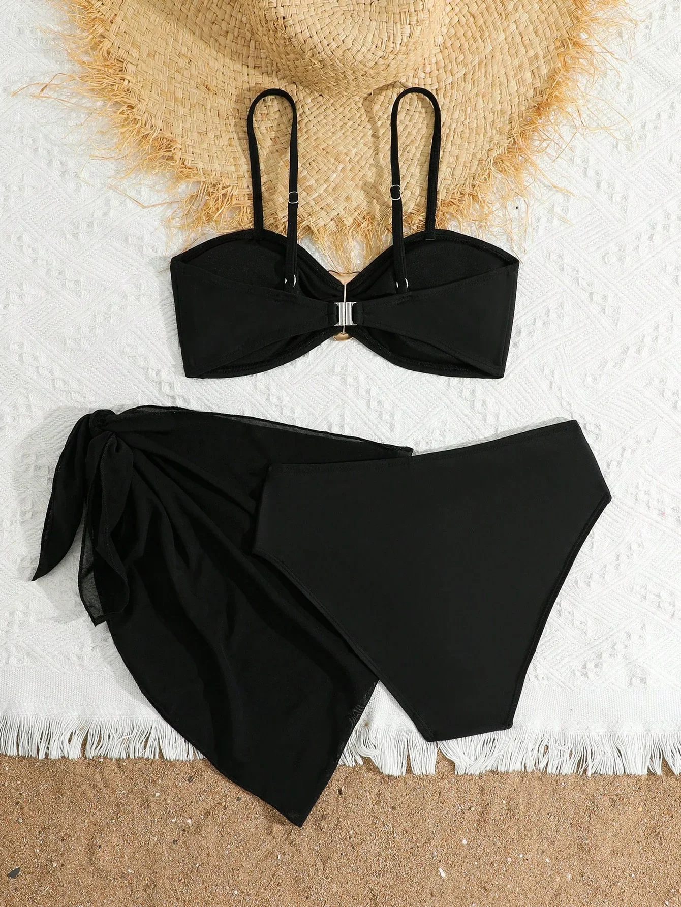 Girls Swimsuit Three-Piece Set Mesh Bikini Swimsuit Metal Hardware Children Swimwear Wrap Skirt Suit Beachwear
