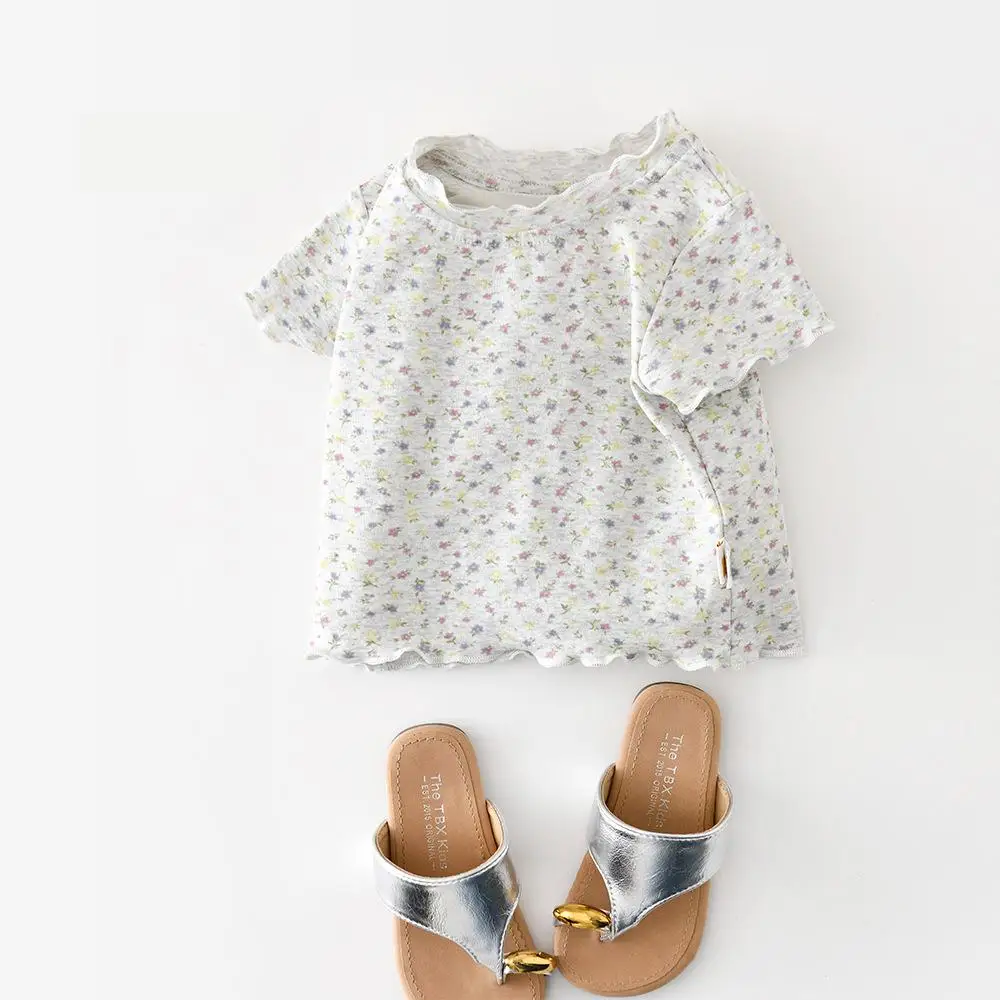 

2026 Summer New Baby Short Sleeve T Shirts Infant Girls Cute Lace Thin Tops Cotton Toddler Sweet Floral T Shirts Kids Clothes