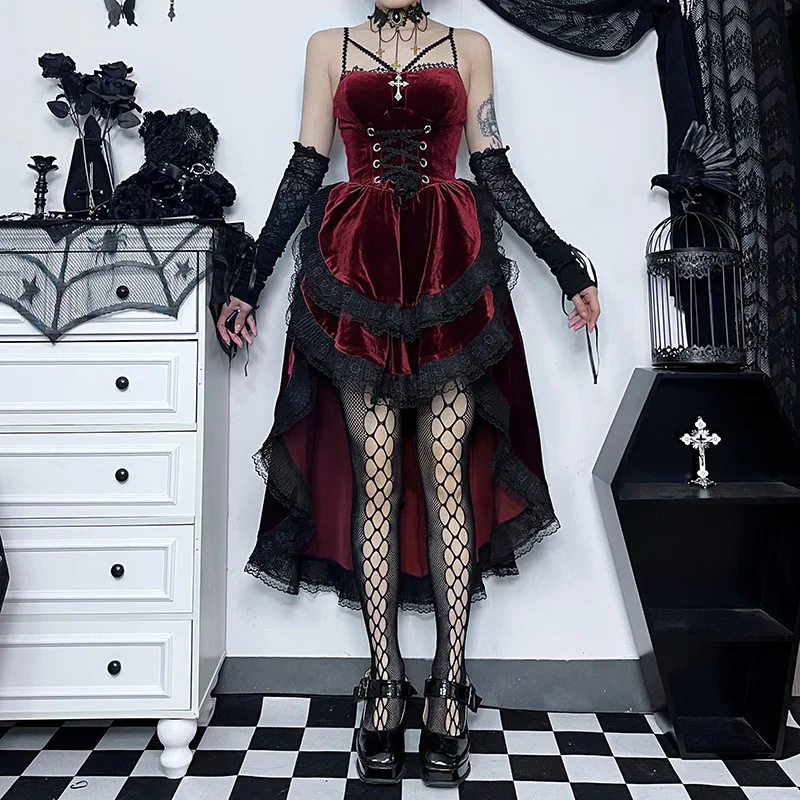 loween Witch Dr Gothic Sle Asymmetrical Lace Hem Strap Long Red Bla Lolita Dr Women's Velvet Long Sve High Waist