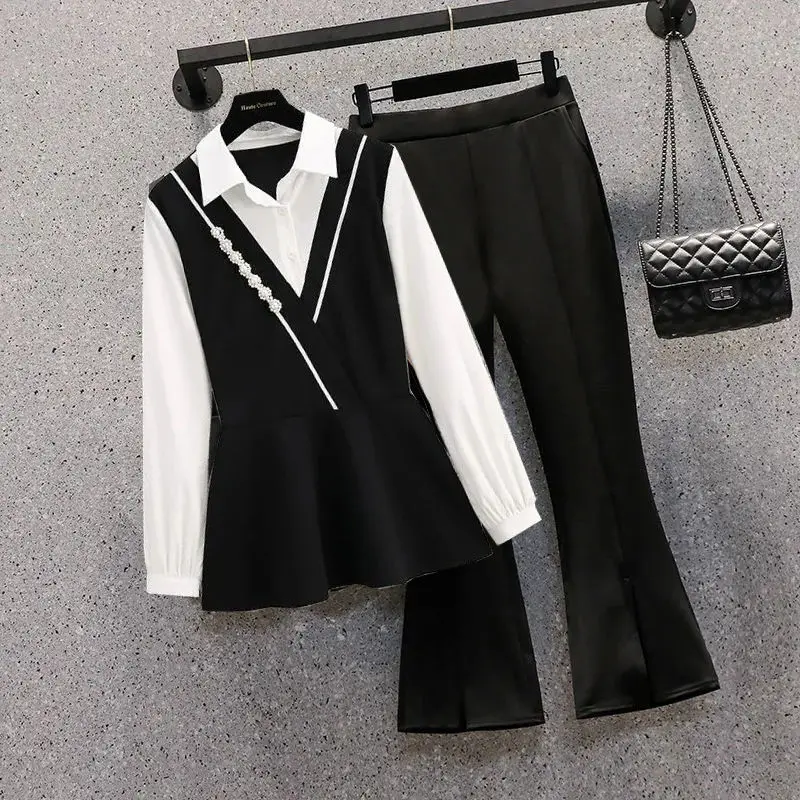 Stripe Panel Lace Edge Long Sleeve Chiffon Shirt Casual Flare Pants Two Piece Elegant Women\'s Pants Set Summer Outfits