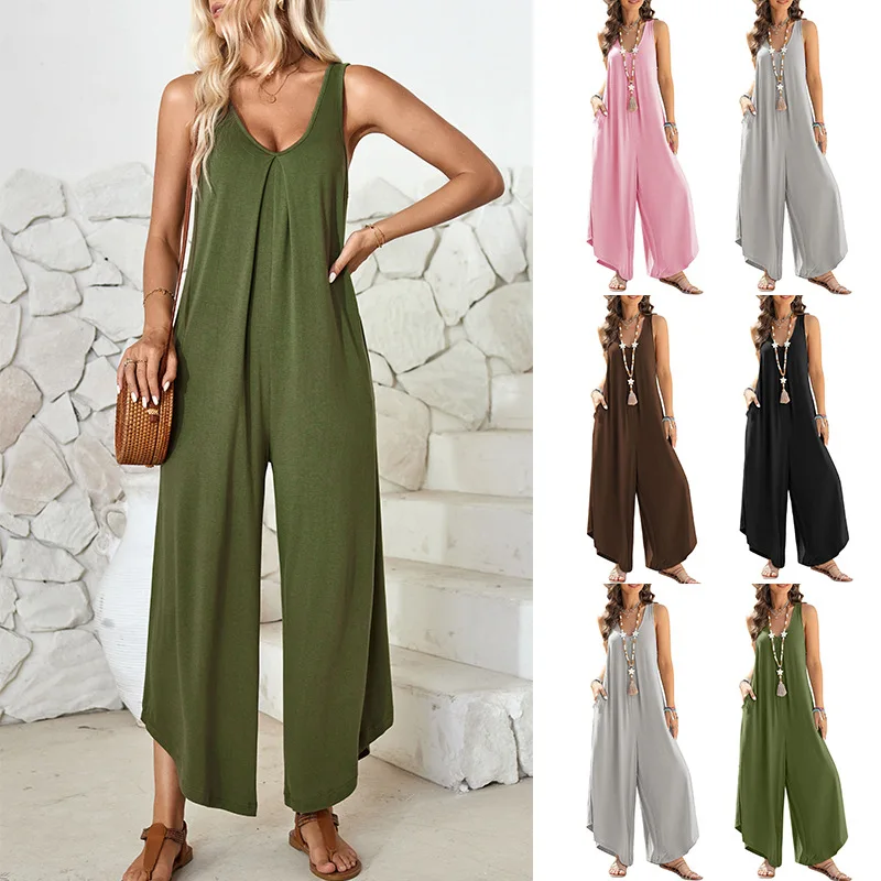

Women's Summer Casual Svel V-Ne ket Wide-Leg One-Piece Suit 2024 Low Waist Seven/Nine-Piece Pants High Content