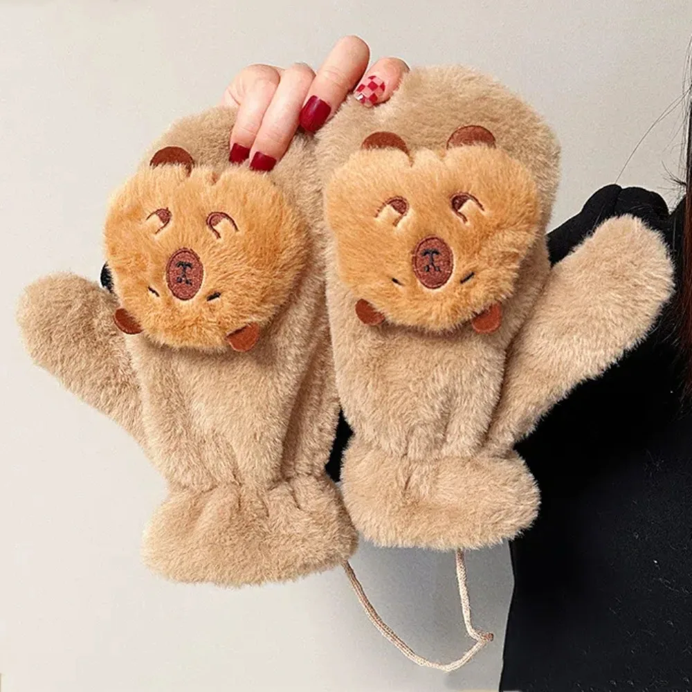 Fashion Faux Rabbit Hair Capybara Lanyard Mittens Soft Ear Plush Animal Gloves Warmer Windproof Full Finger Gloves Outdoor