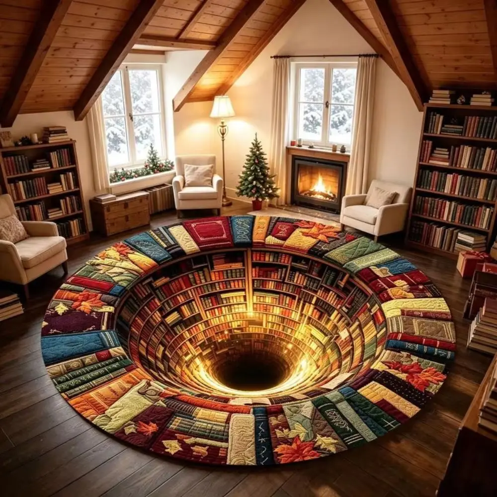 2D Flat Christmas Round Rug Bottomless Pit Polyester 3D Illusion Carpet Washable Fabric Santa Pattern Optical Delusion Doormat