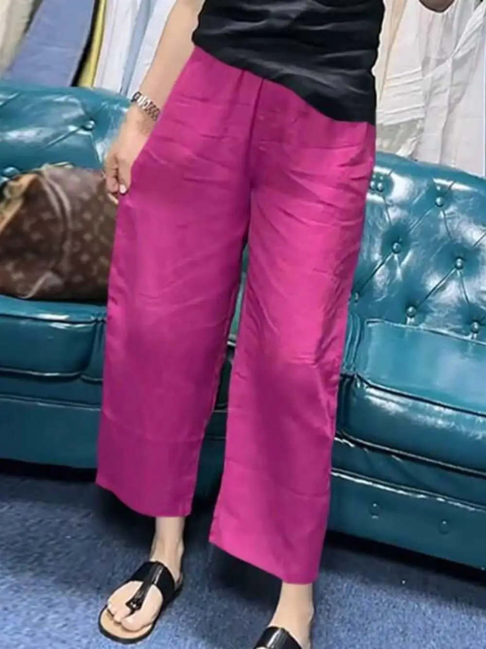 بنطلون صيفي واسع الساق بخصر مرتفع وفضفاض من القطن والكتان، بنطلون نسائي بطول ثلاثة أرباع من الحرير الصناعي والقطن والكتان بتص...