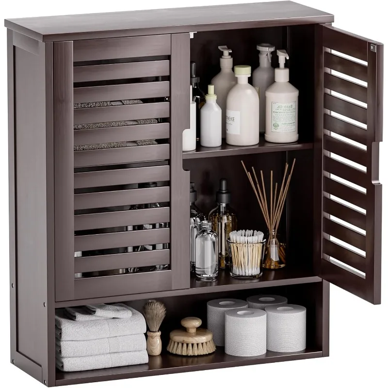 

Bathroom Cabinet Wall Mounted, Bamboo Over-The-Toilet Storage Organizer, Space Saver Medicine Cabinet with 2 Door and Adjustable