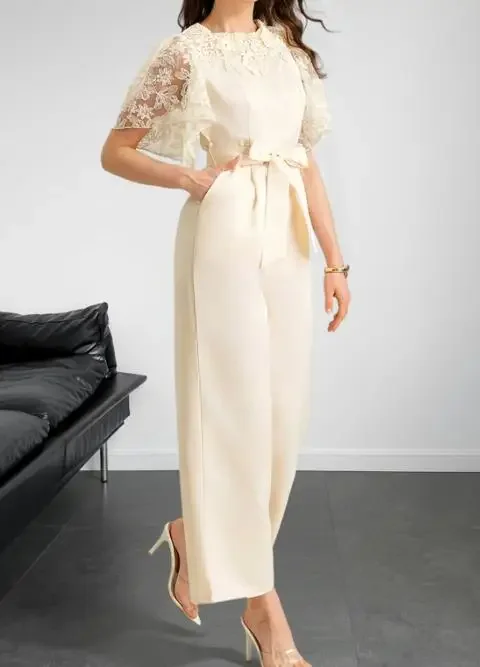 Summer Women's Patchwork Lace Short Sleeve Lace Up High Waist Wide Leg Jumpsuit Temperament Commuting Female Elegant Jumpsuits