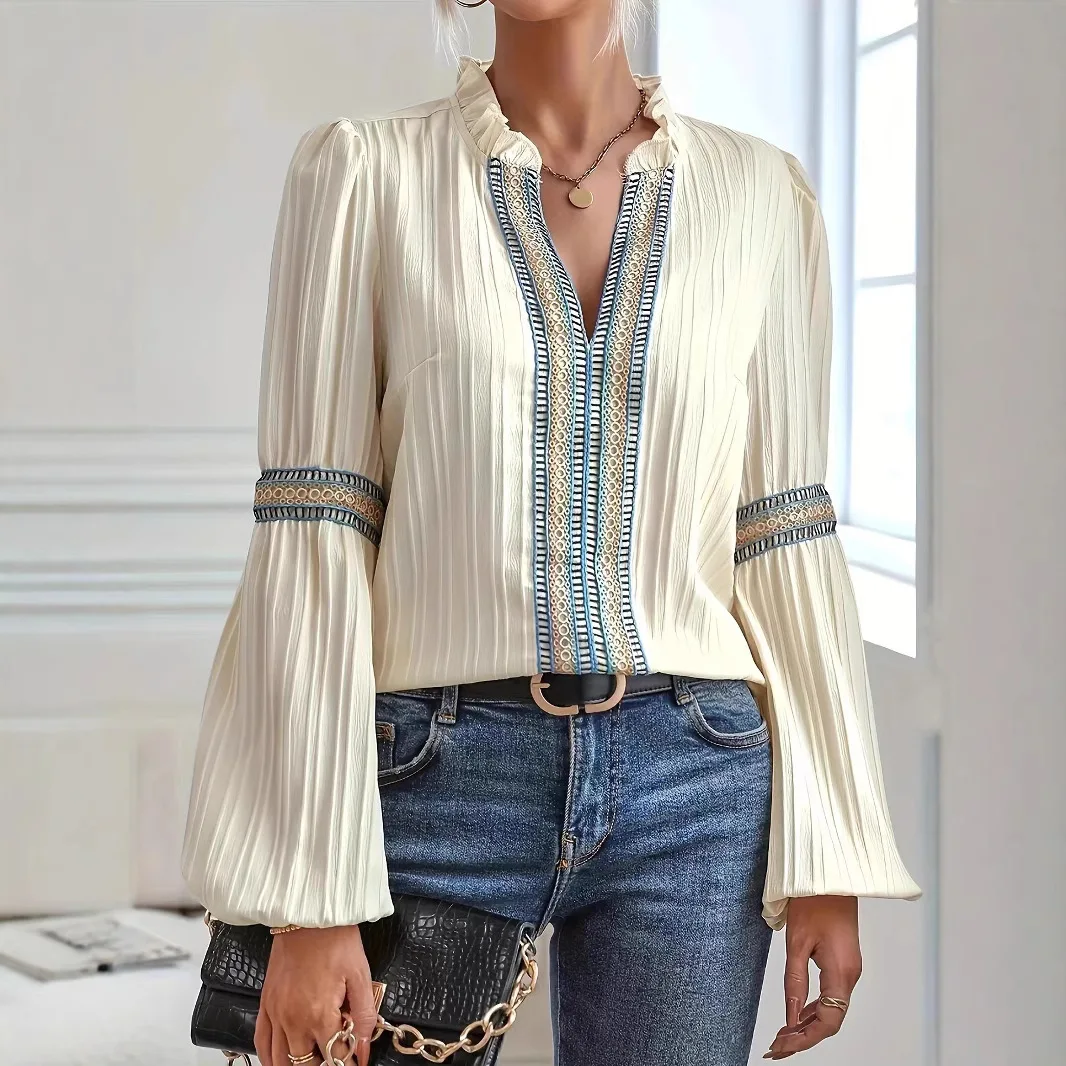 

2026 Elegant Summer Printed Women Shirt Chic Blouse V Neck Long Sleeve Shirt Vintage Casual Basic Regular Ladies Tops