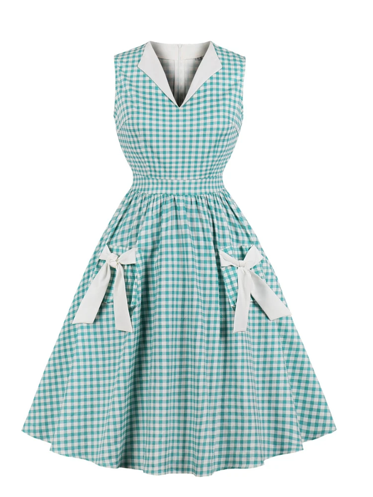 2024 New Vintage Plaid Green Day Irish 50s 60s Dress Women Elegant Casual Party Summer Bowknot Pocket Vestido Swing Midi Dresses