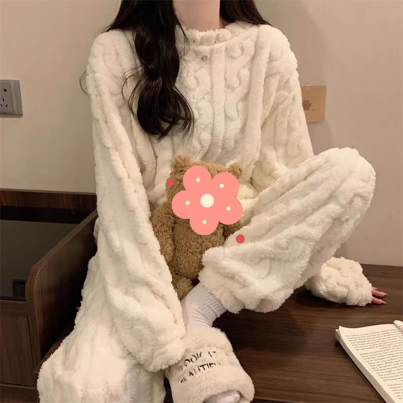 Pijamas gruesos para mujer, ropa de dormir dulce de lana coral para mantener el calor, pijama bonito de manga larga con cuello redondo, conjunto de dos piezas para otoño e invierno