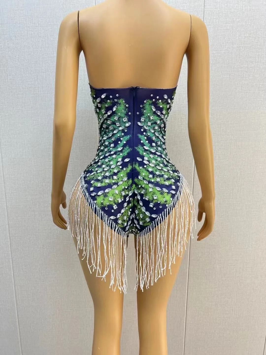 Sexy Stage Blue Green Silver Rhinestones Fringes Sleeveless Stretch Tassels Bodysuit Birthday Celebrate Party Photoshoot Costume