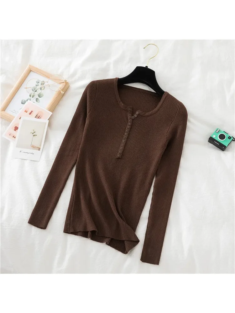 قميص محبوك نحيل مرن بأكمام طويلة بلوفر نسائي سترة علوية للربيع والخريف قمصان نسائية ضيقة متماسكة قاع تريكو