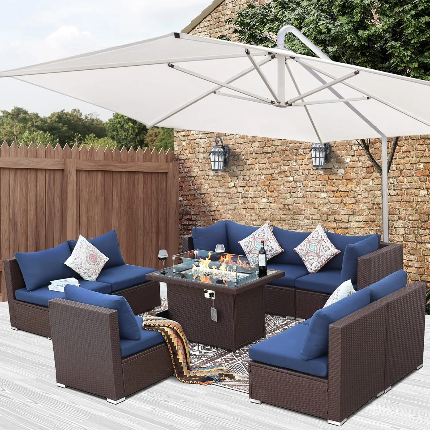 PE Wicker Patio Furniture Sectional High Back Large Size Sofa Sets with Propane Fire Pit Table Balcony Lounge Conversation Sets