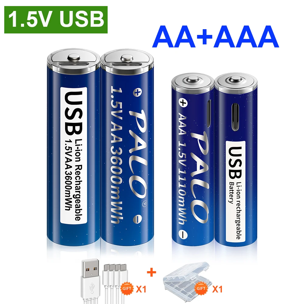 PALO 1.5V USB AAA Li-ion Rechargeable Battery AAA 1110mWh+1.5v AA Lithium Rechargeable Batteries AA 3600mWh with USB Cable