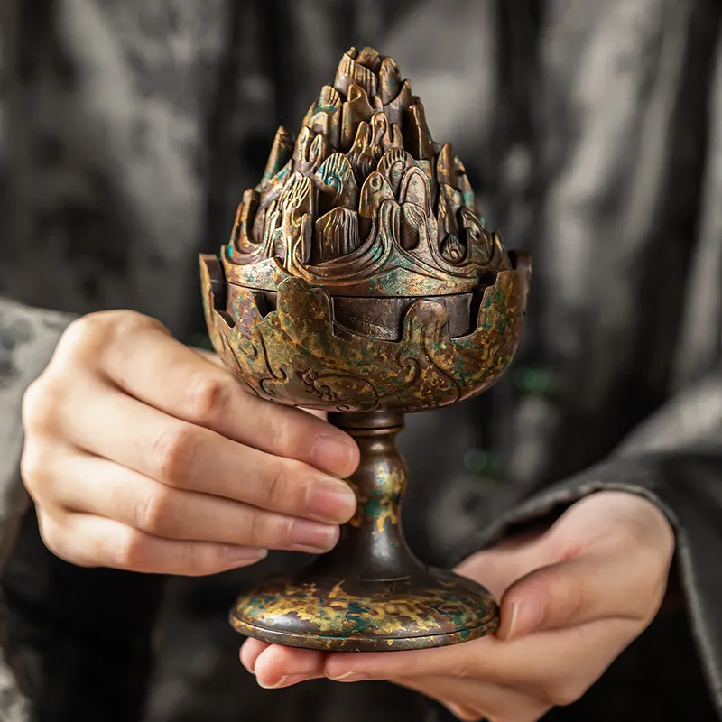 Imitation Copper Alloy Boshan Incense Burner Inlaid Gold Censer Indoor Sandalwood Coil Incense Aroma Ornament