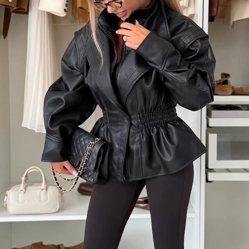 Cardigan con lacci con risvolto alla moda High Street Cappotto casual solido Capispalla Autunno Inverno PU Giacche in similpelle per le donne