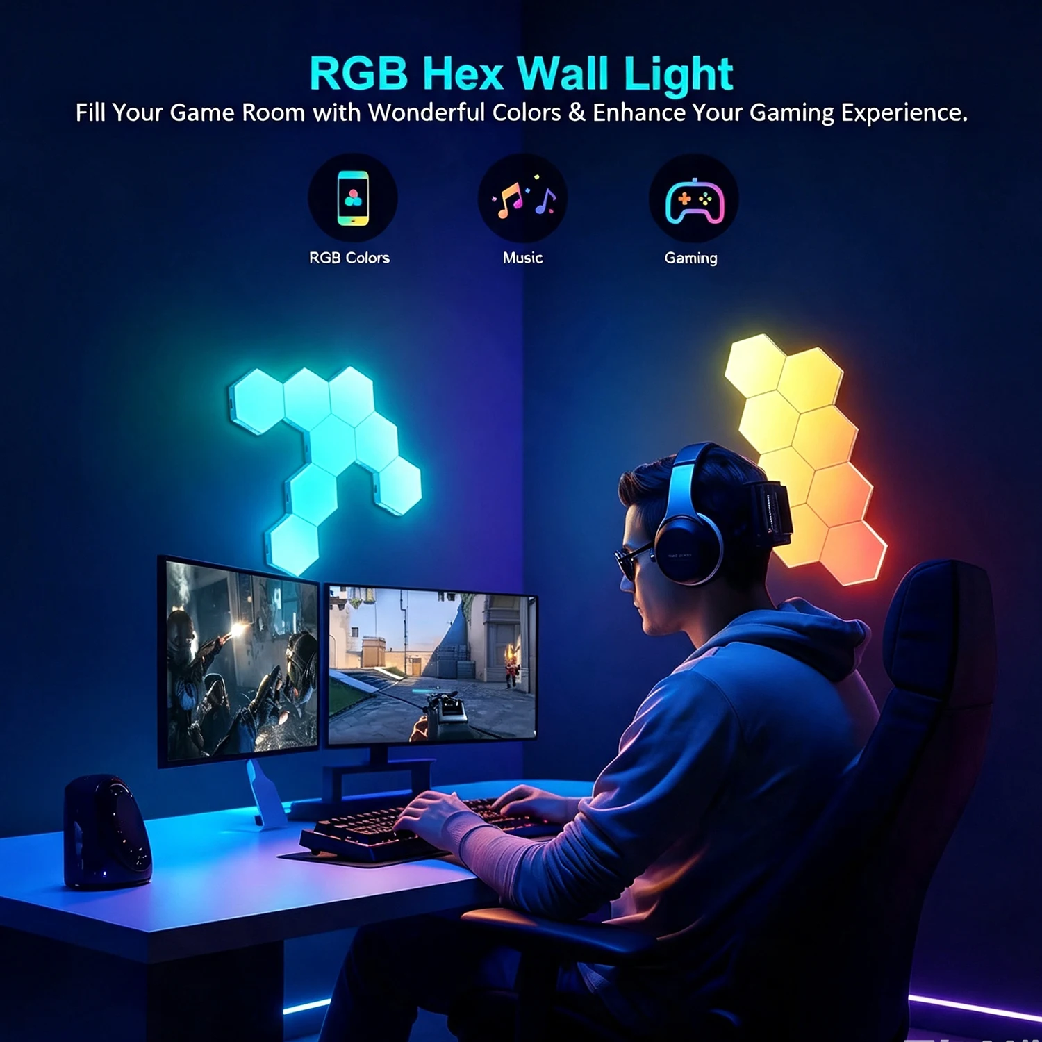Smart Hexagon LED Wall Lights with App DIY & Remote Control Music Sync RGB Panels for Home Gaming Room Bedroom Living Room Decor Vibrant Geometric Design Indoor Party Festival Wall Decorative Light USB Powered Color Changing Modern Lights