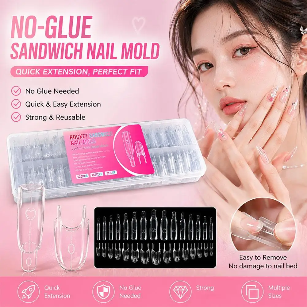 Dual Forms Nail Extension Mold Set 120Pcs Sandwich Quick Building UV LED Gel System No Paper Forms False Nails Tips Manicure