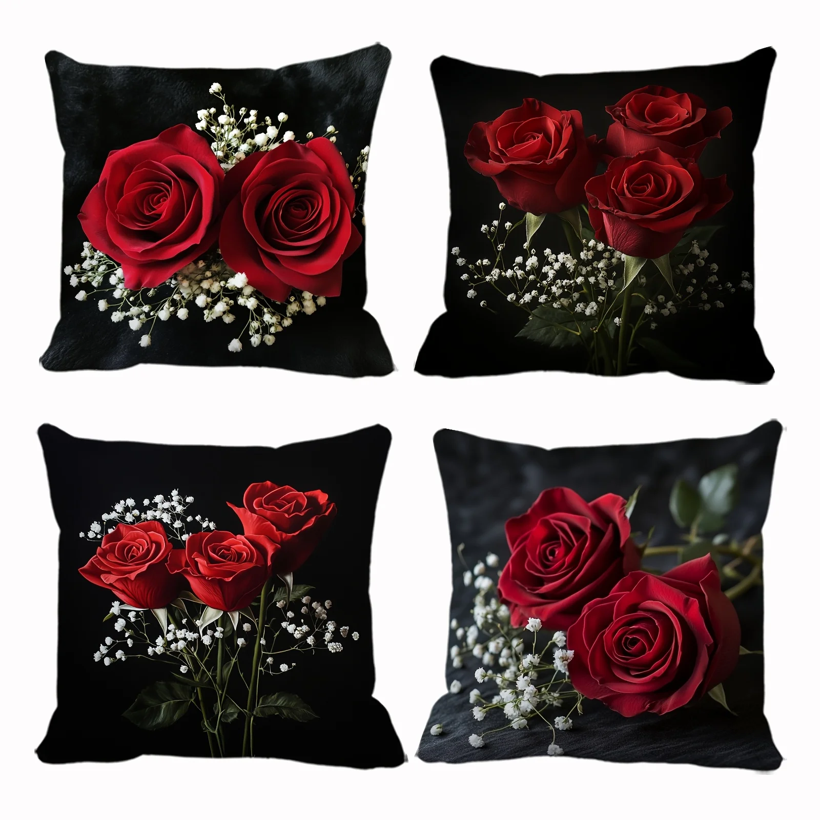 Juego  4 fundas  almohada negras clásicas y elegantes con rosas rojas y gypsophila, acuadas para uso diario, coración