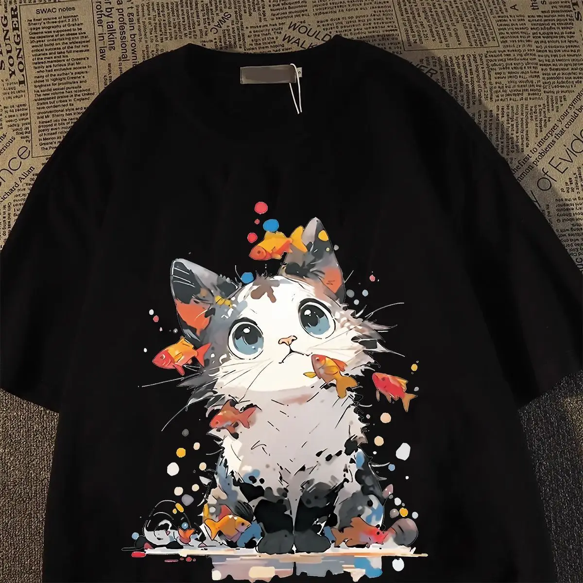 japones-chique-peixe-gatinho-algodao-manga-curta-camiseta-masculina-e-feminina-verao-2025-novo-solto-e-versatil-t