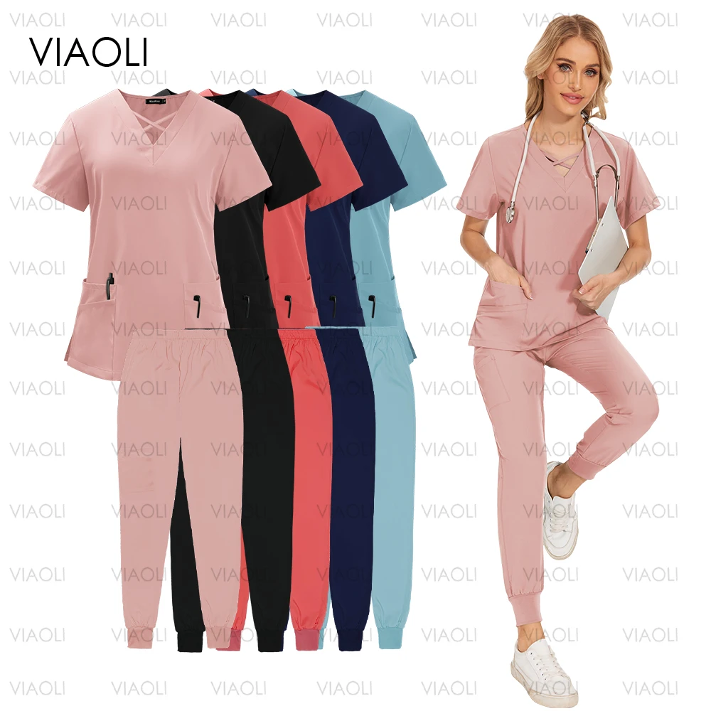 Uniforme de enfermera de manga corta para Mujer, Top con cuello en V, pantalones de Jogger, conjunto médico, uniforme informal de verano