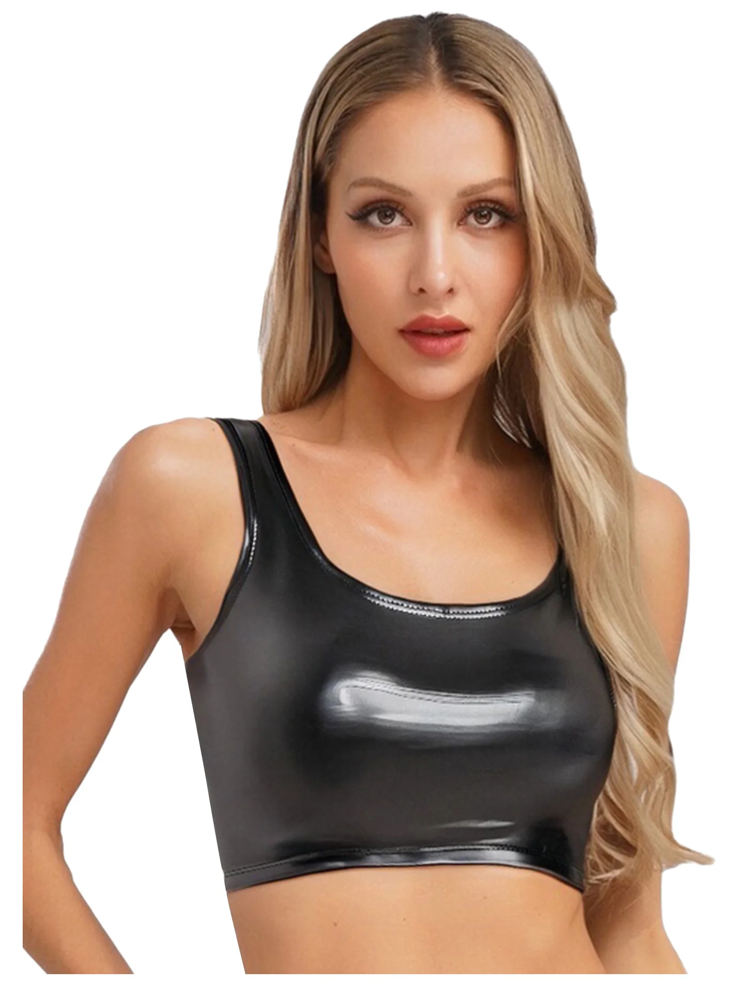 

Women Wet Look Patent Leather Tank Tops Rave Party Camisole Black Color U Neck Cropped Vest Dance Tops Bar Night Club Wear