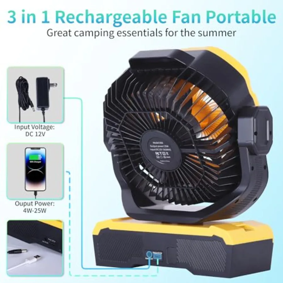 Battery Powered Fan for Bedroom: Yellow ABS Plastic, Quiet 360 Auto Oscillating Air Circulator with RGBW LED Light Rechargeable