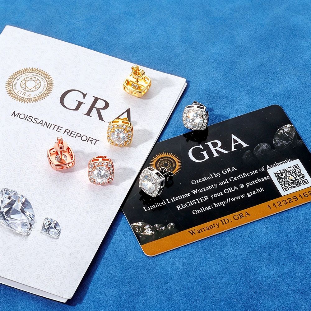 Pendientes de tuerca redondos de moissanita VVS1 para hombre y mujer, aretes deslumbrantes con halo cuadrado, plata de ley 925, joyería fina estilo hip hop, regalo